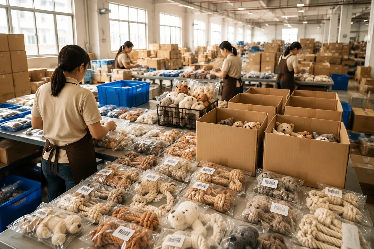 Export packing floor for ecommerce pet toys with poly bags, barcodes, and FBA-ready cartons