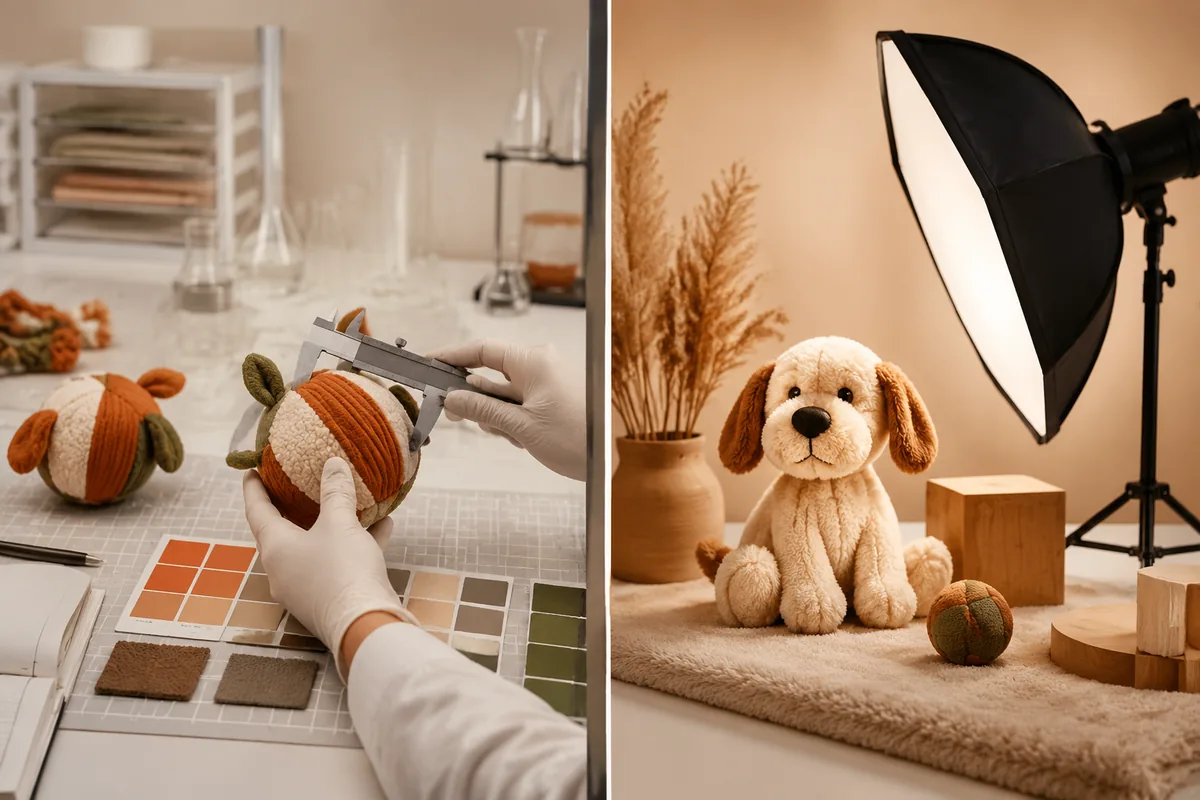 Side-by-side pet toy production sample vs listing photo checklist for ecommerce brand QC