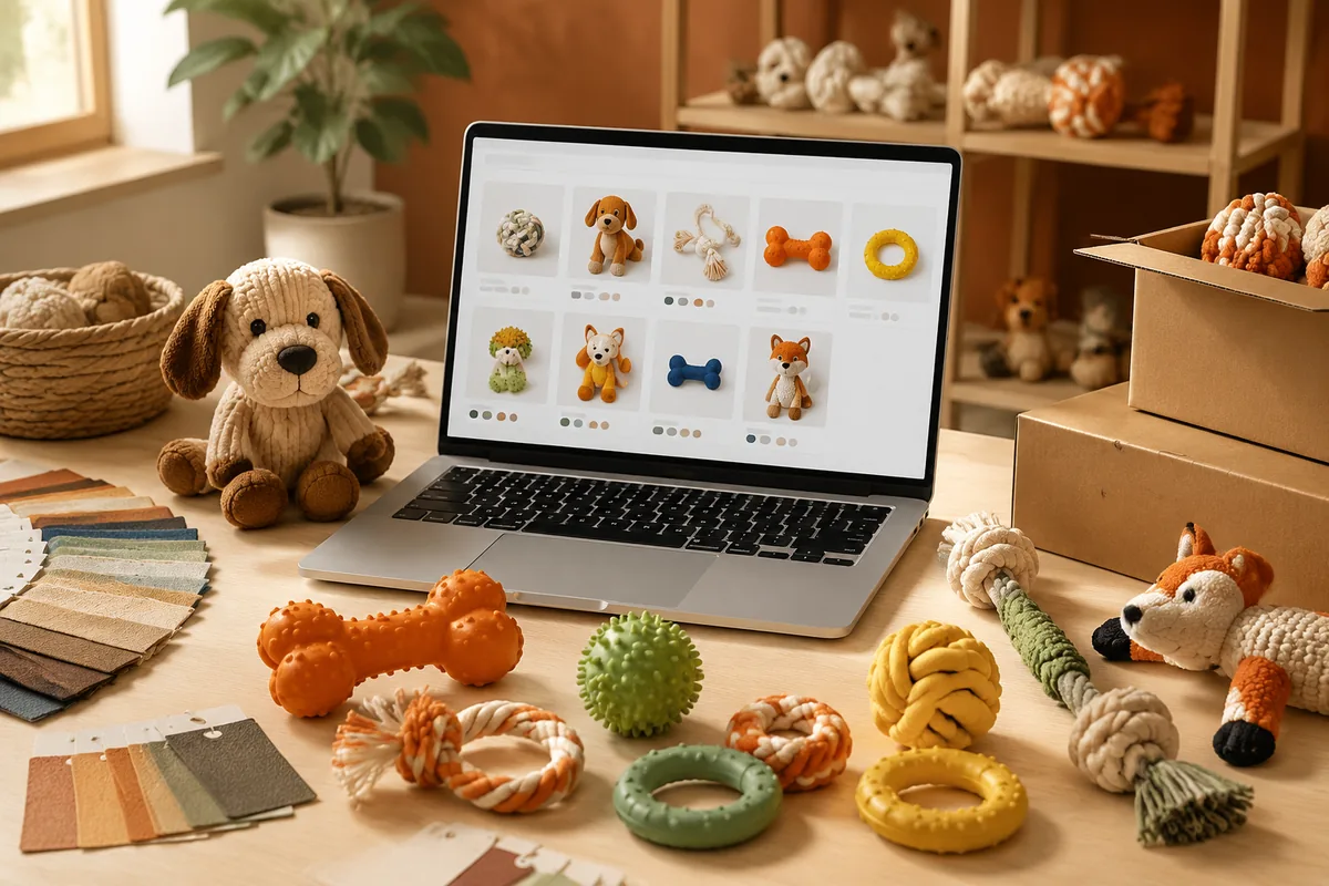 Ecommerce brand pet toy sampling desk with catalog SKUs, listing photo setup, and FBA carton samples