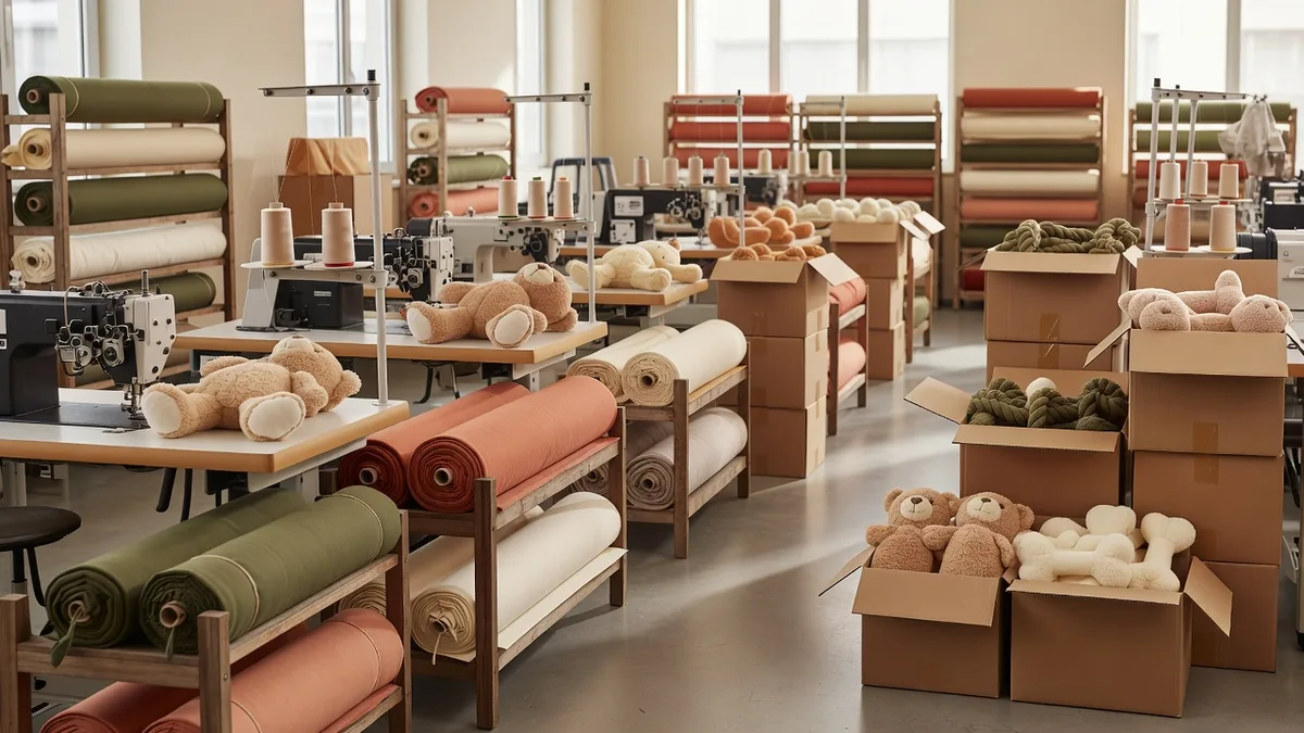 Pet toy manufacturing plant floor with sewing lines, material racks, and export cartons