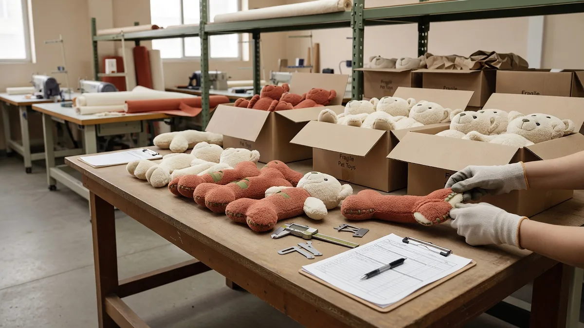 QC and pack-out bench checking plush seams before export cartons in a pet toy plant