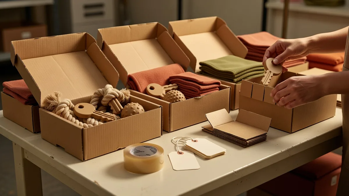 Open cartons of mixed dog toys being counted on a first wholesale pack-out table