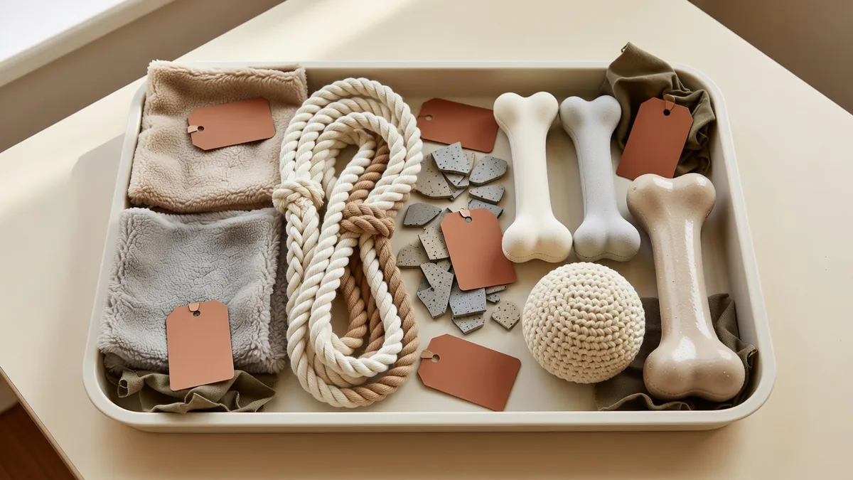 Fleece, cotton rope, TPR chips, and nylon bone samples laid out for a pet toy MOQ comparison