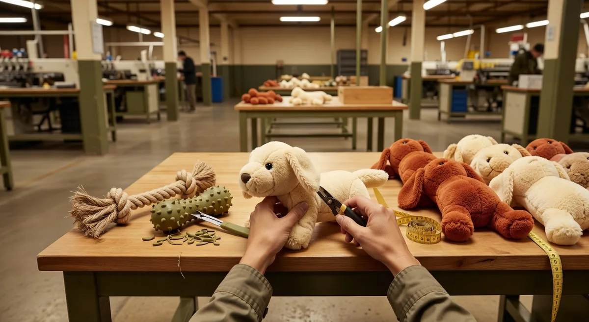 In-line QC bench checking plush seams, rope joins, and molded flash for pet toy quality control China