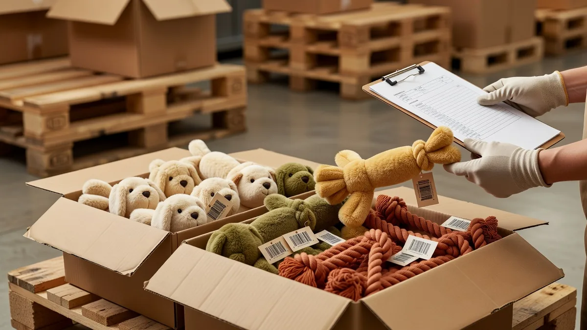 Pre-shipment carton check comparing bulk pet toys to the golden sample for quality control China programs