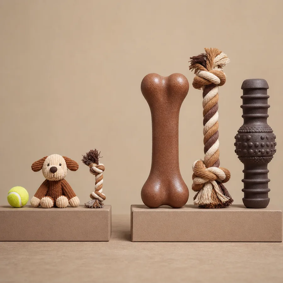 Dramatic size comparison: tiny 35mm toys for small breeds versus large heavy-duty toys for giant breeds