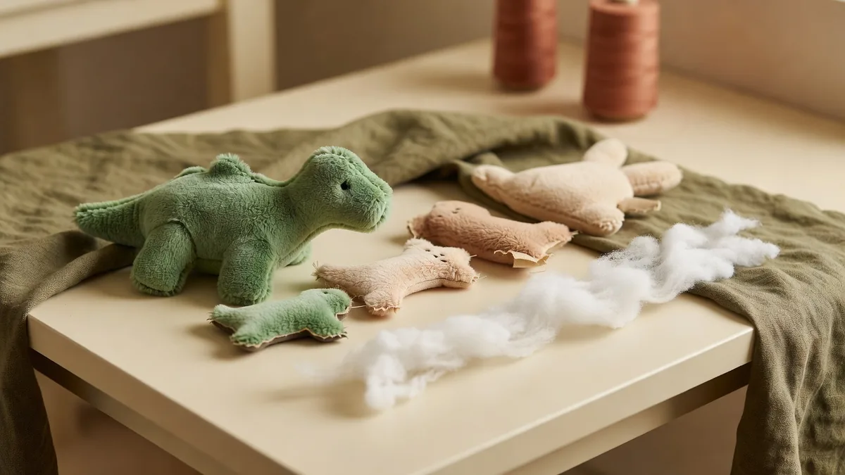 Crystal plush dog toys and seam samples laid out on a cream sampling desk for pet toy testing