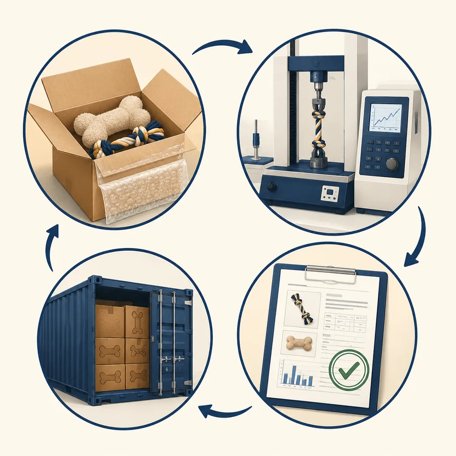 Four-step testing process flow: sample preparation → lab analysis → test report → approved shipment