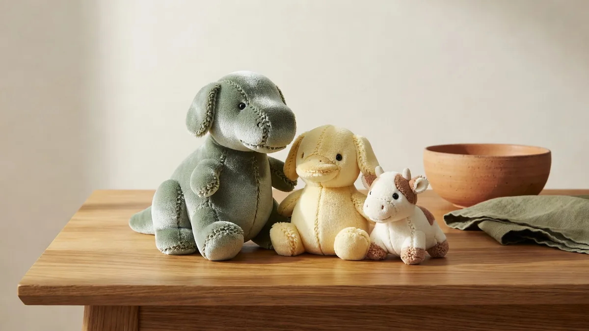 Dinosaur, duck, and cow crystal plush toys side by side before a pet toy testing brief