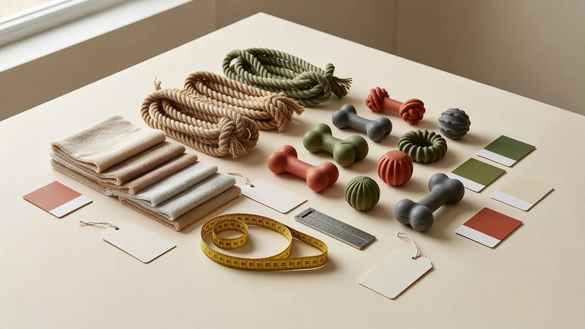 Materials and QC flatlay for pet toy wholesale China: plush fabric, rope, TPR samples, hangtags, and color cards