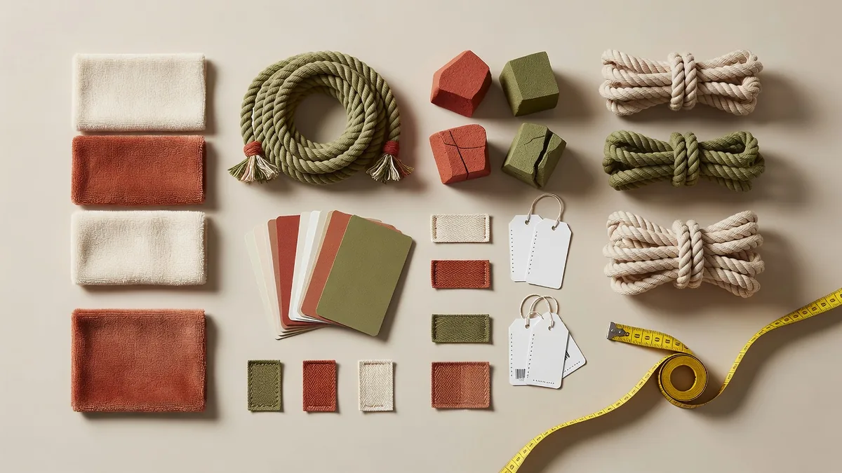 Materials flatlay for pet toy wholesale distributors RFQs: plush fabric, rope, TPR samples, hangtags, color cards