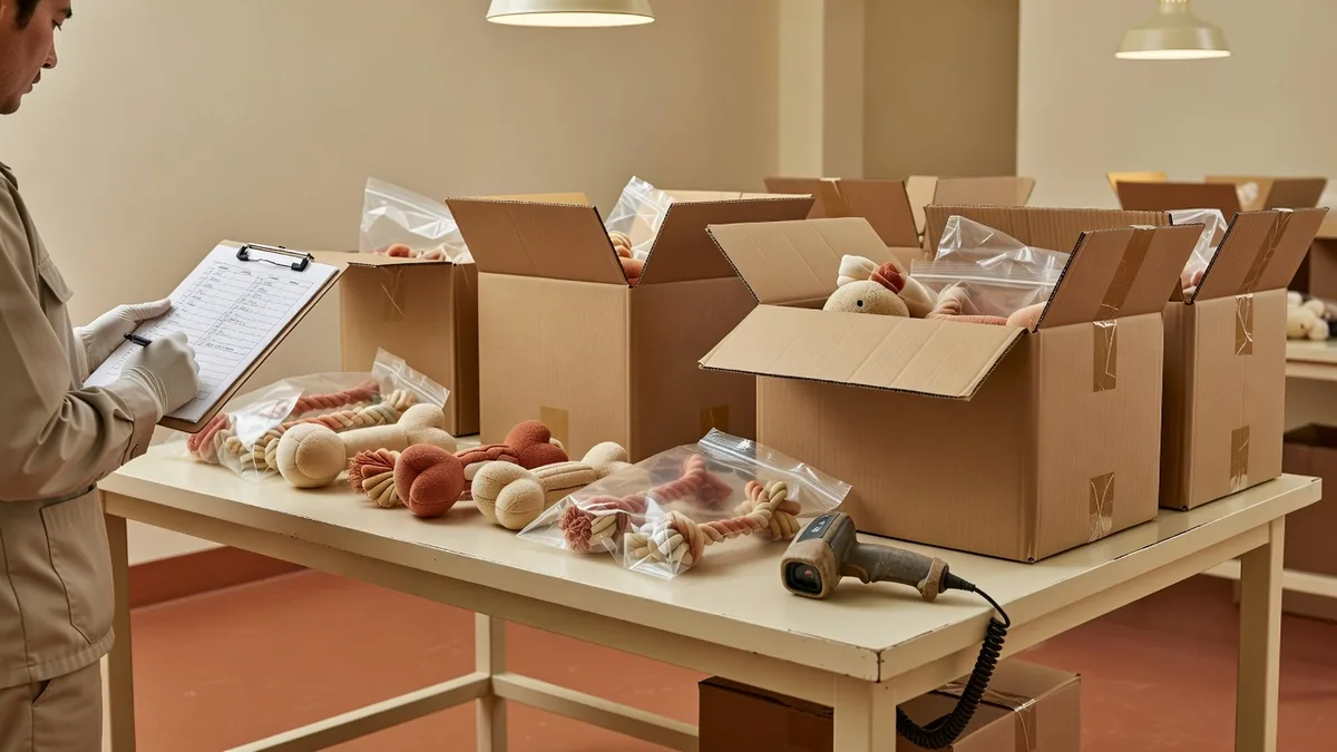 QC and pack-out bench for pet toy wholesale distributors programs with inspection checklist and master cartons