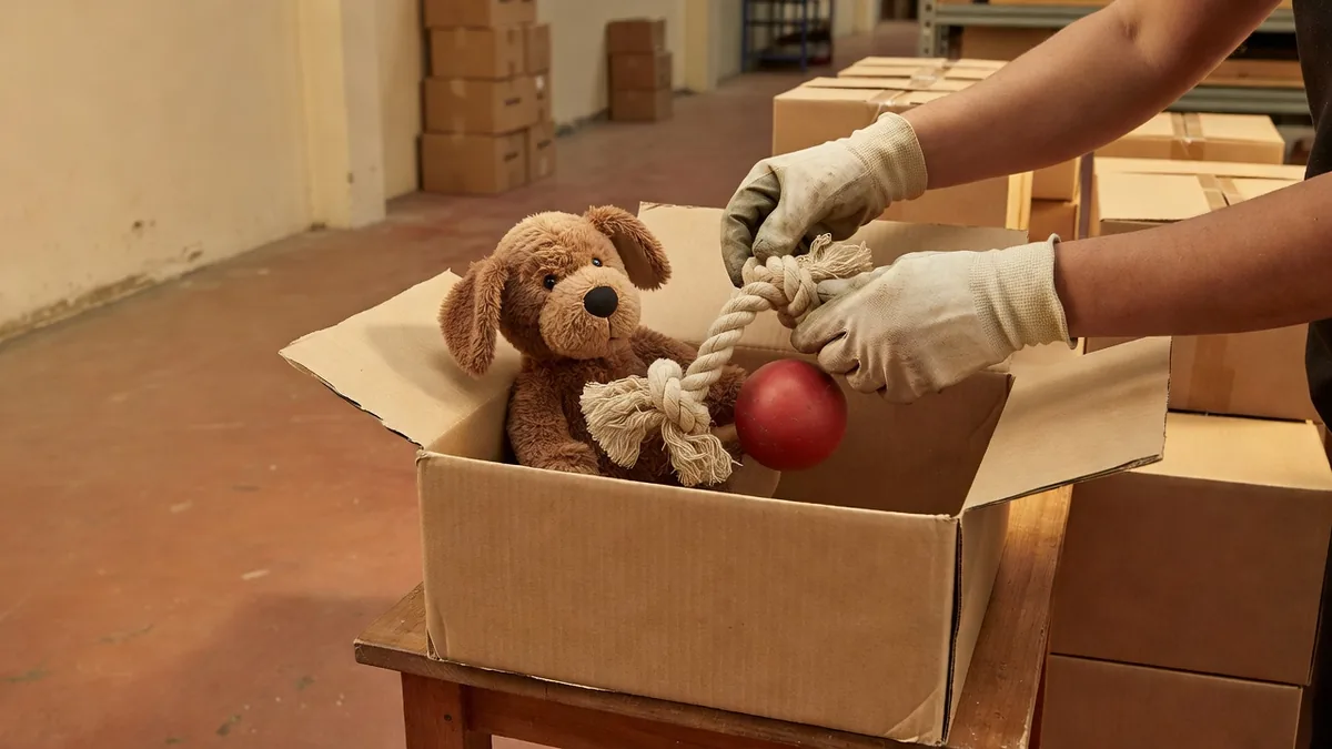 Gloved pack-out count of mixed unlabeled dog toys into a plain carton before an HS code is assigned