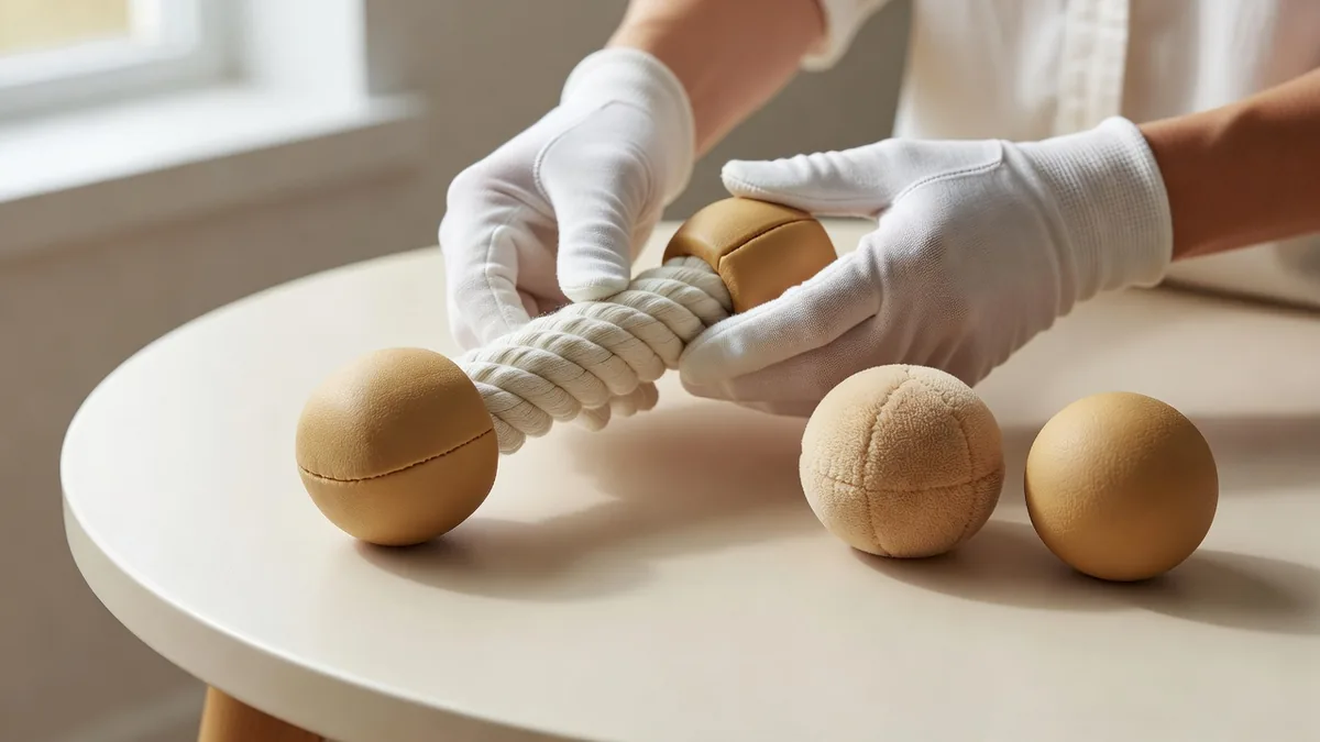 QC check of a cotton-and-TPR hybrid chew beside a plain plush toy and a rubber ball