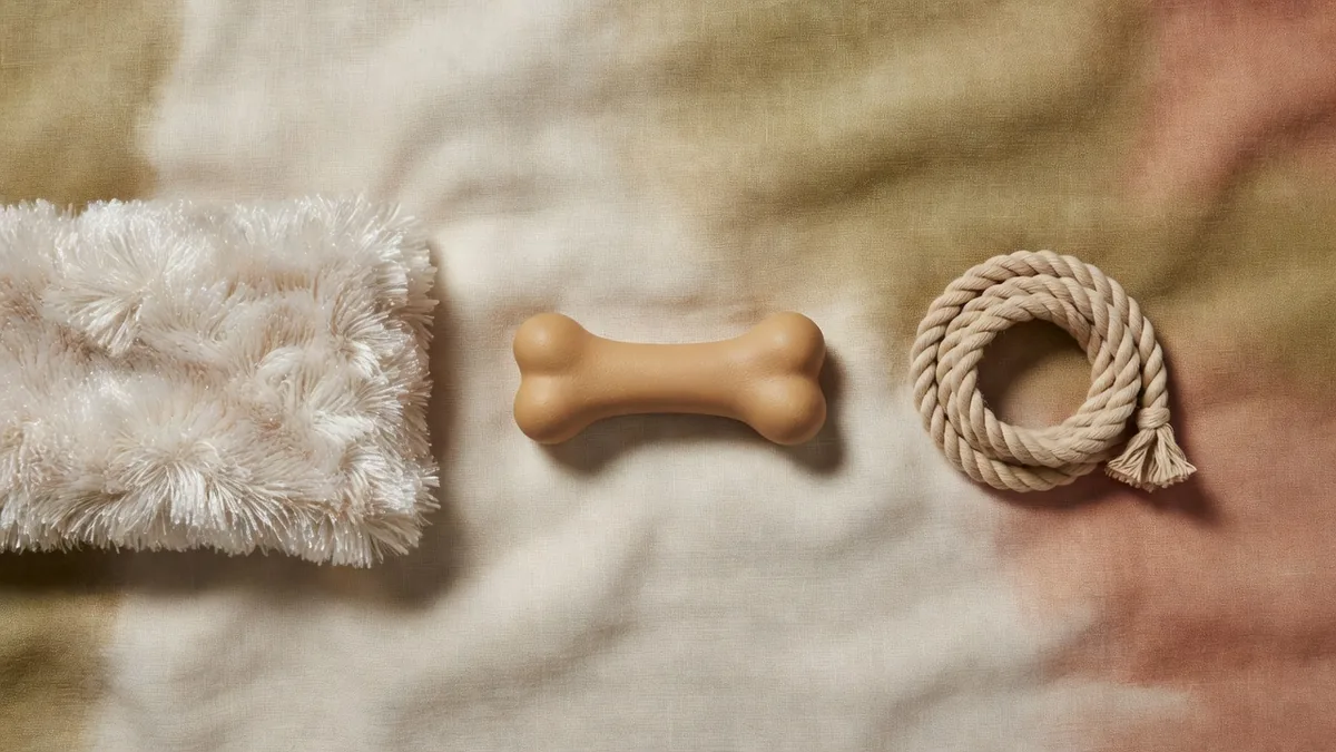 Crystal plush, a TPR chew, and a nylon rope segment laid out for a pet toys HS code material split