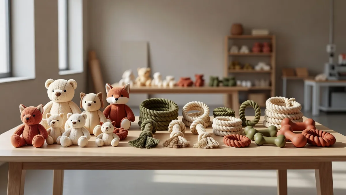 Sampling desk with plush, rope, and rubber pet toys laid out for B2B assortment review