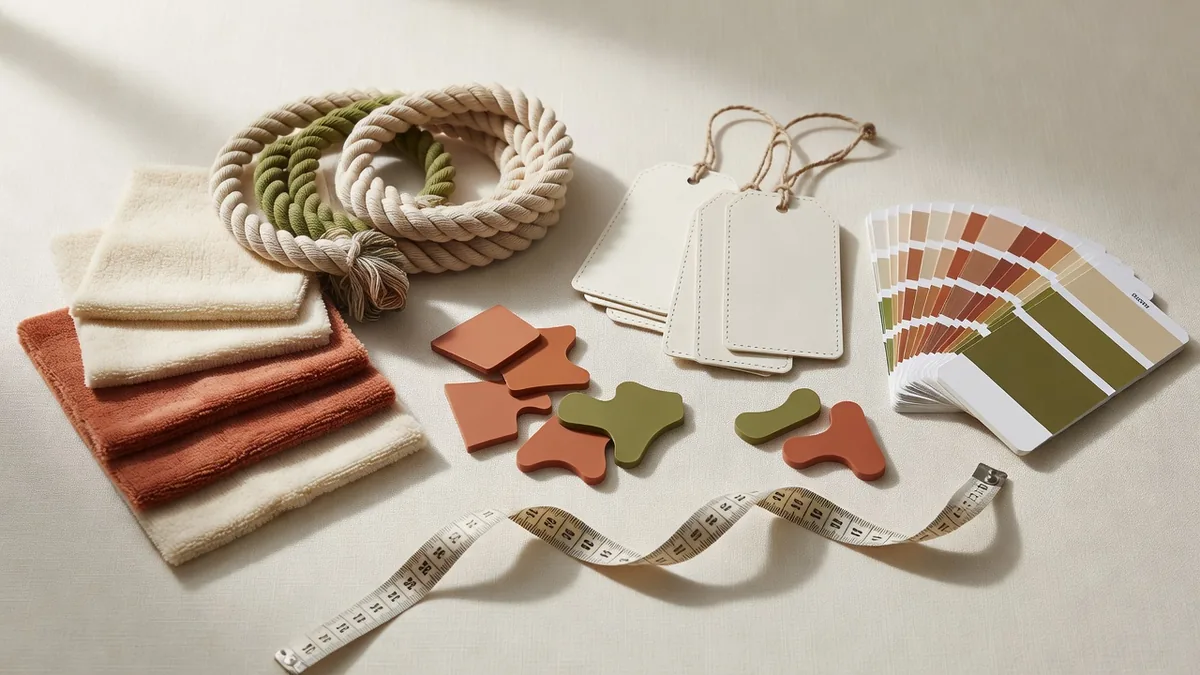 Materials flatlay for pet toys supplier: plush fabric swatches, rope samples, TPR pieces, hangtags, and color cards