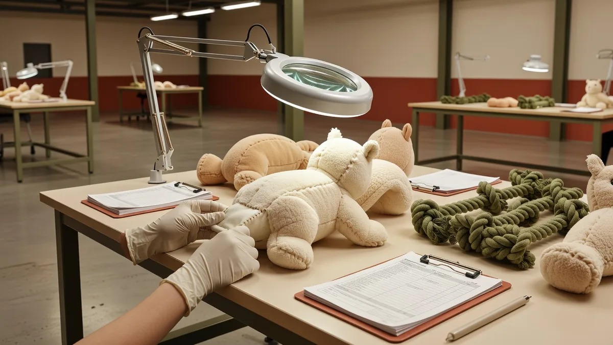 Factory QC desk inspecting plush seams and rope joins on pet toys before shipment