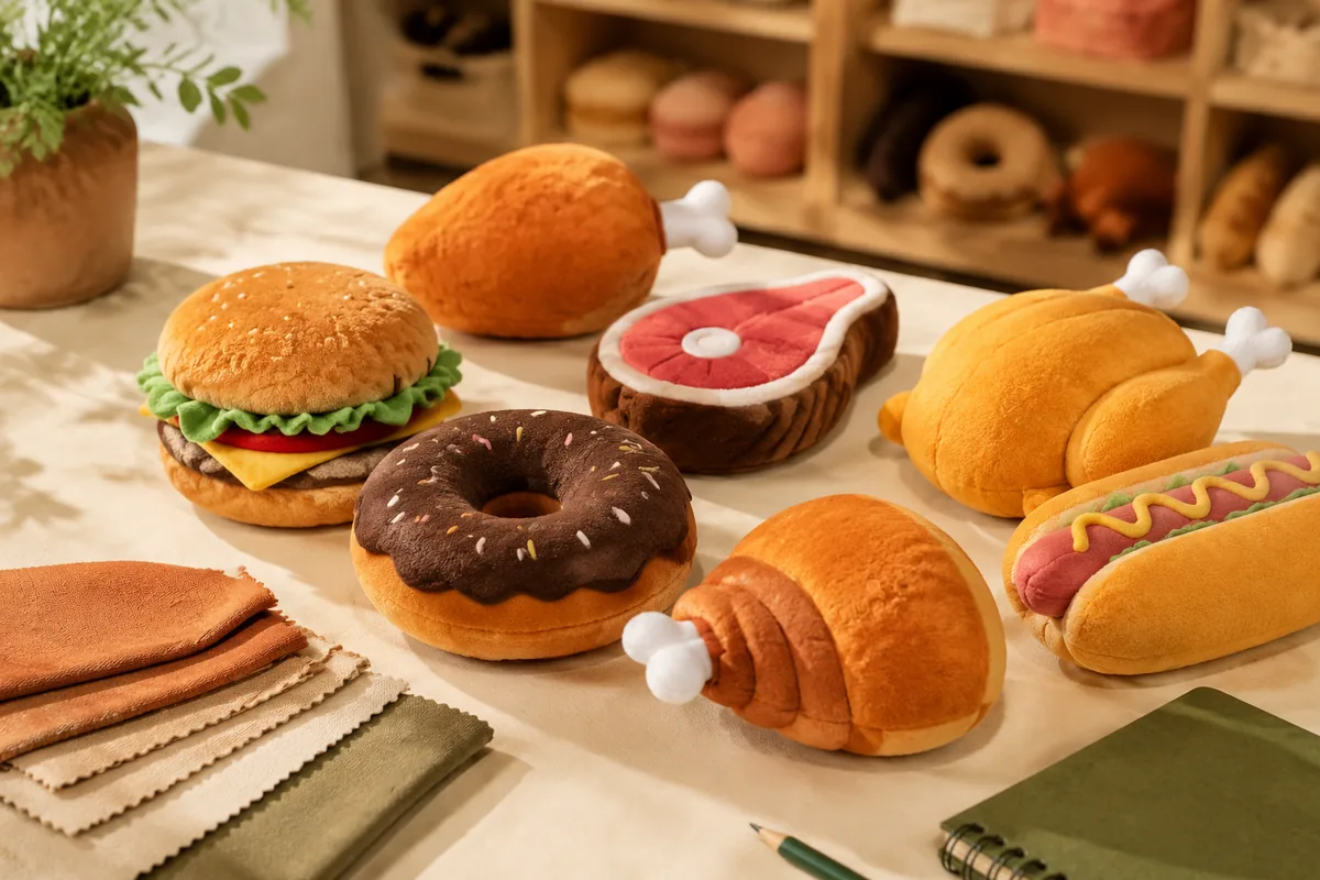Assortment of plush food shaped dog toys including donut, drumstick, and burger shapes on a warm cream sampling desk for wholesale buyers