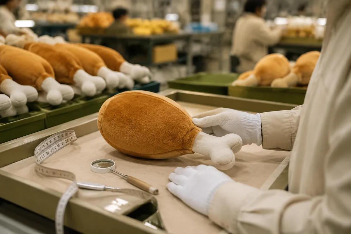 Quality control inspector checking seam strength on a plush food shaped dog toy drumstick in a China factory sewing workshop