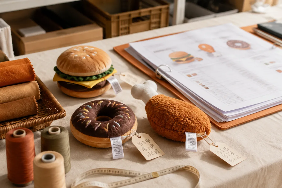 Pre-production samples of plush food shaped dog toys with woven labels and hangtags beside a tech pack for China wholesale MOQ review