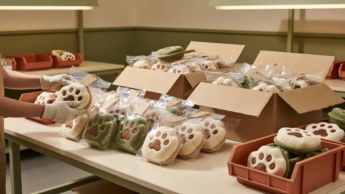 Export pack-out of plush paw rope slipper dog toys into polybags and master cartons