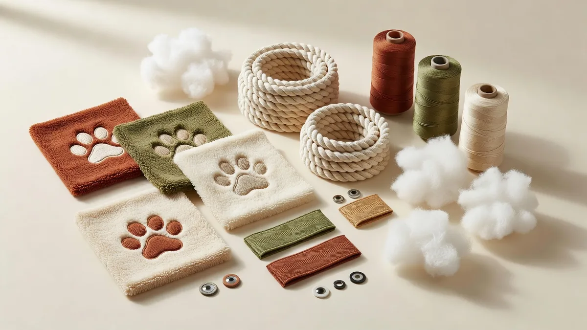 Plush fabric swatches, cotton rope coils, fiberfill, woven labels, and embroidery samples for paw slipper dog toy production