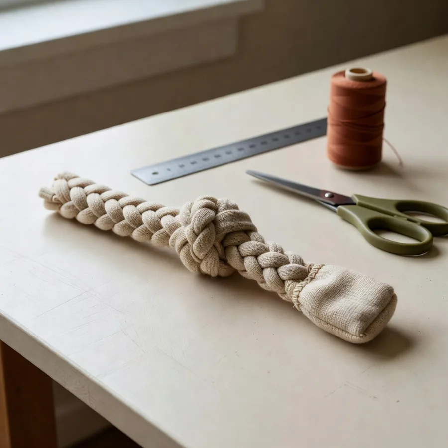 Close quality check of a linen and nylon tug knot on a cutting table