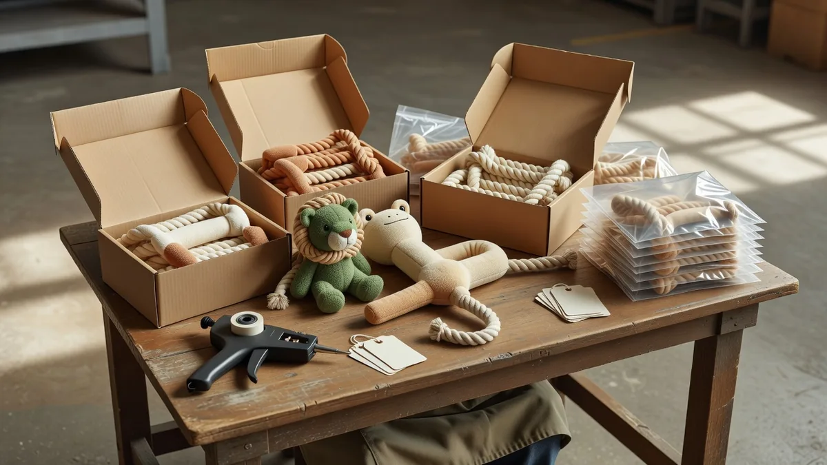 Plush rope tugs and a lion plush packed into open cartons on a factory table