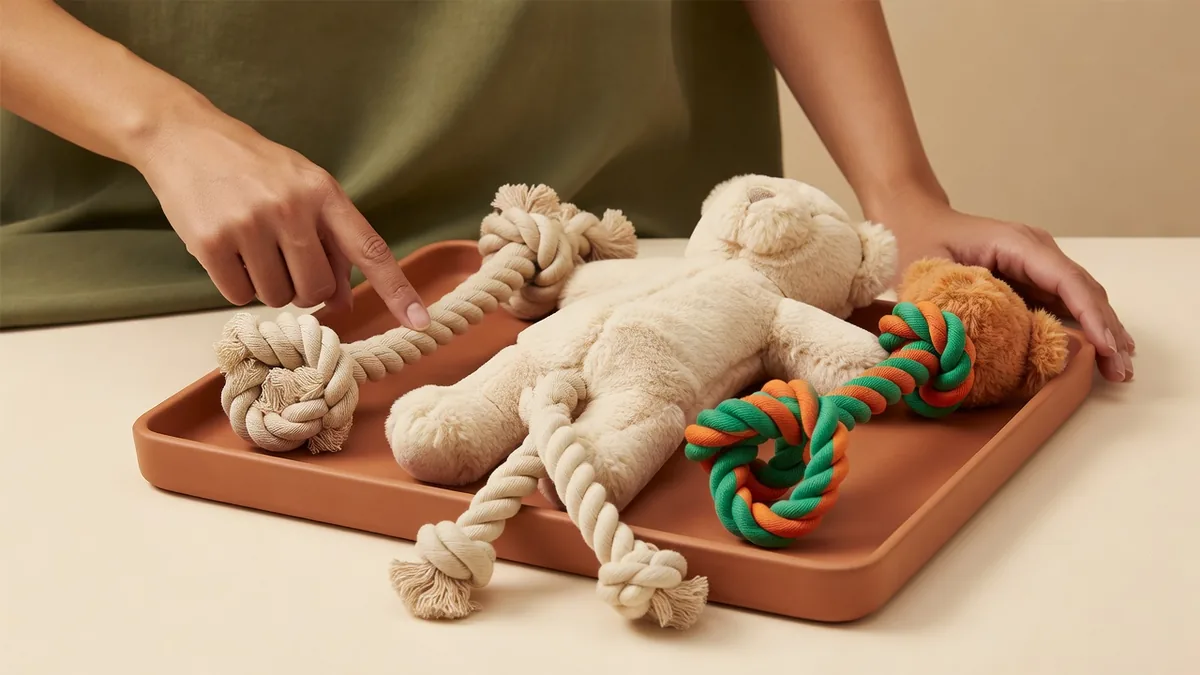 Plush rope tug dog toys laid out on a wholesale sampling bench