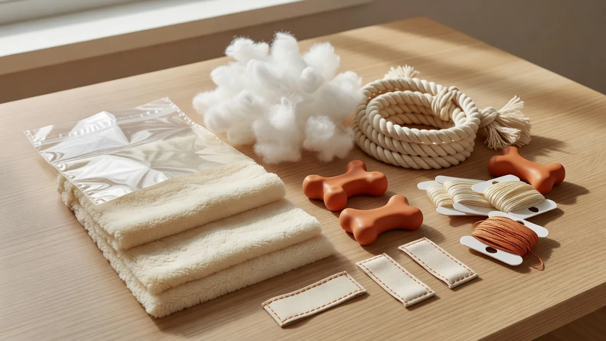 Material swatches, rope, TPR pieces, woven labels, and pack samples for private label dog toys low MOQ programs