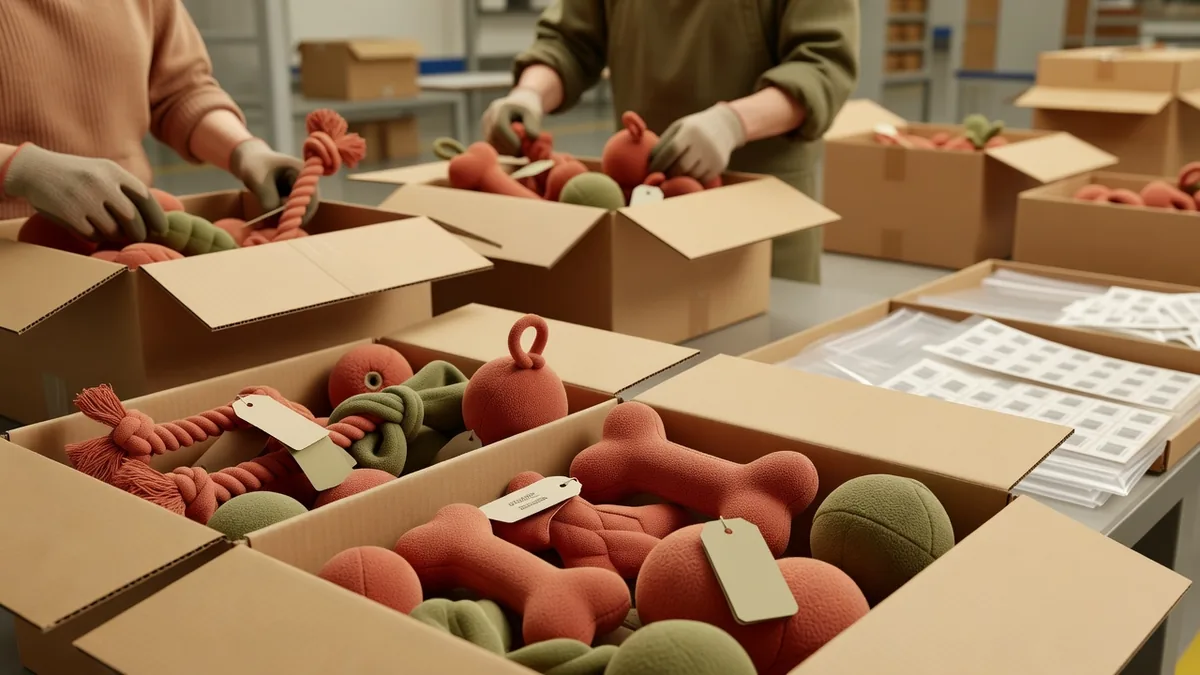 Export pack-out of hangtagged private label dog toys into master cartons for a low MOQ shipment