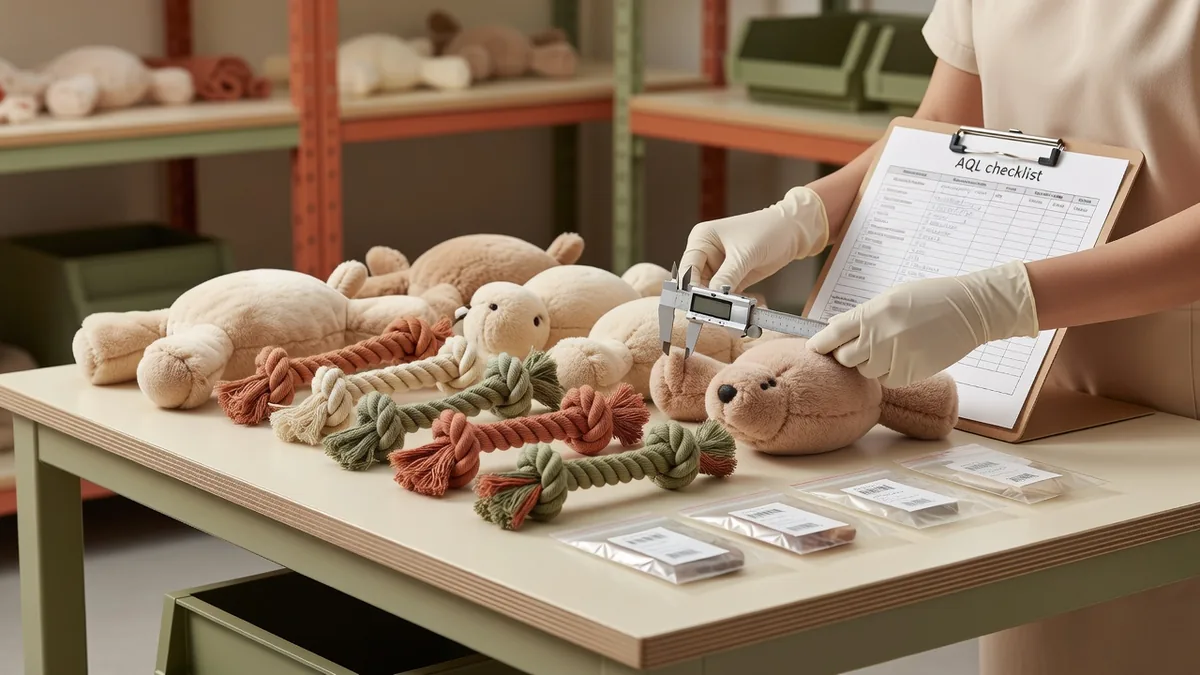 QC bench checking plush and rope dog toys for a private label low MOQ production run