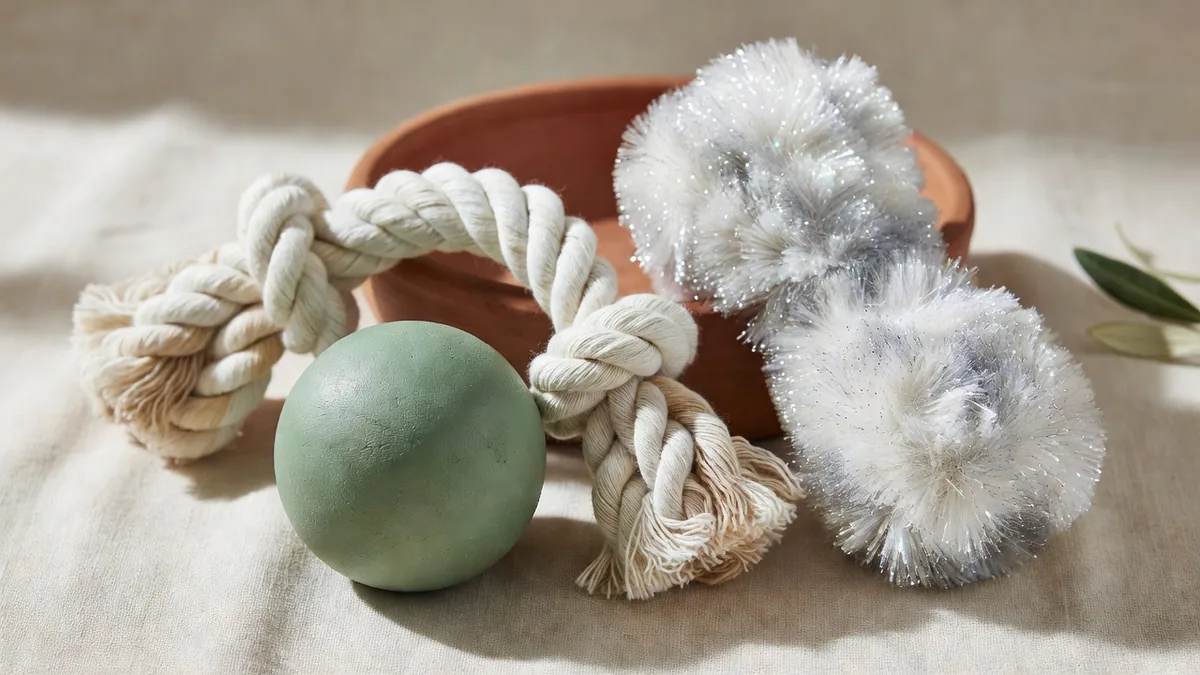 TPR chew, cotton rope, and crystal plush samples compared before an EU pet toy substance brief