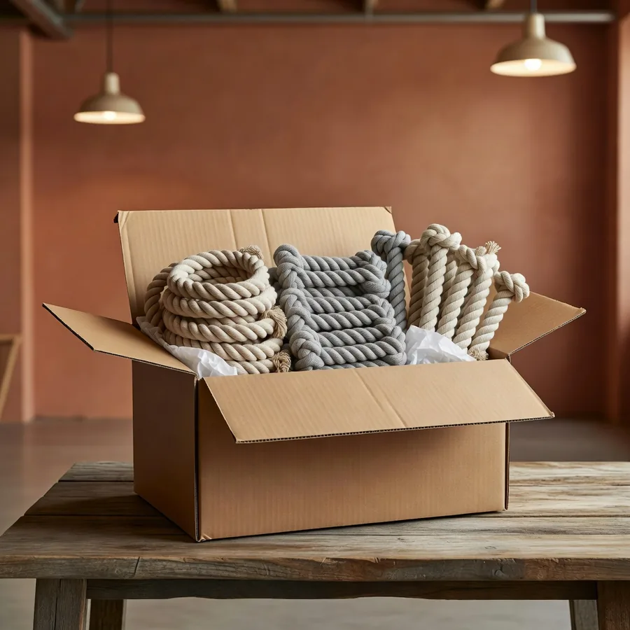 Open export carton of nested rope dog toys packed for a rope dog toys manufacturer reorder