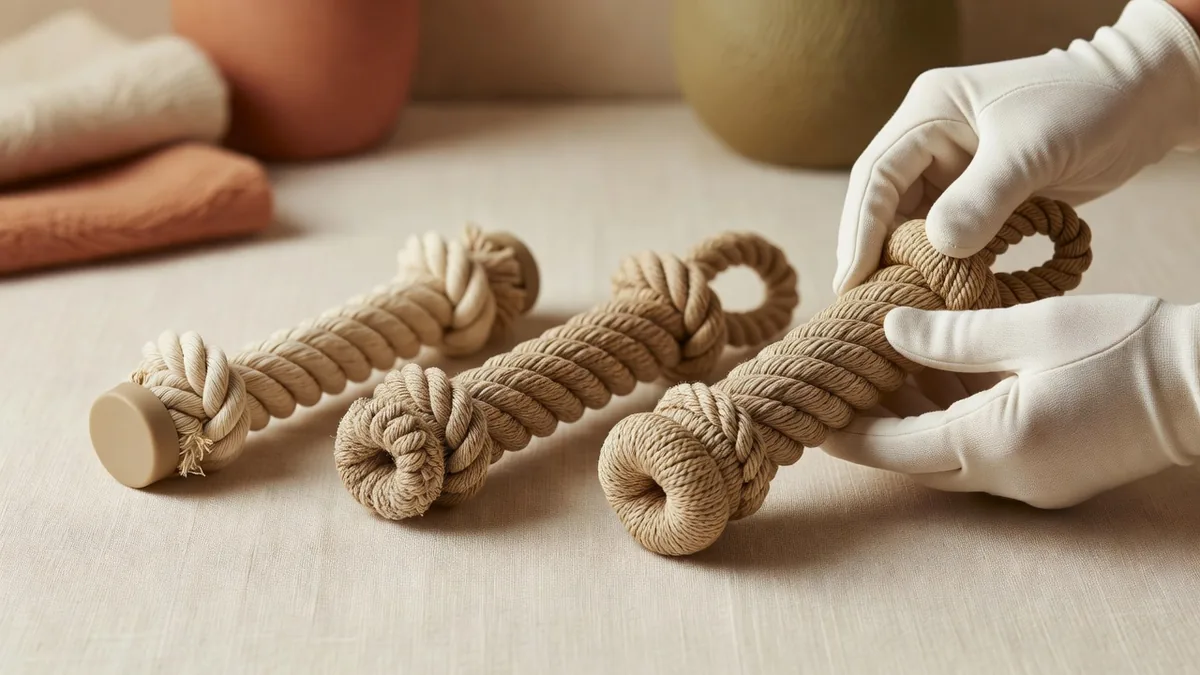 Sampling desk with a linen-nylon tug, a TPR-cotton puppy rope bone, and a nylon rope stick for a rope dog toys manufacturer RFQ