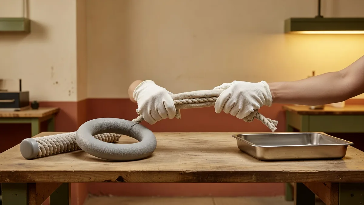 Gloved hands tug-testing a linen-nylon dog toy on a rope dog toys manufacturer QC bench