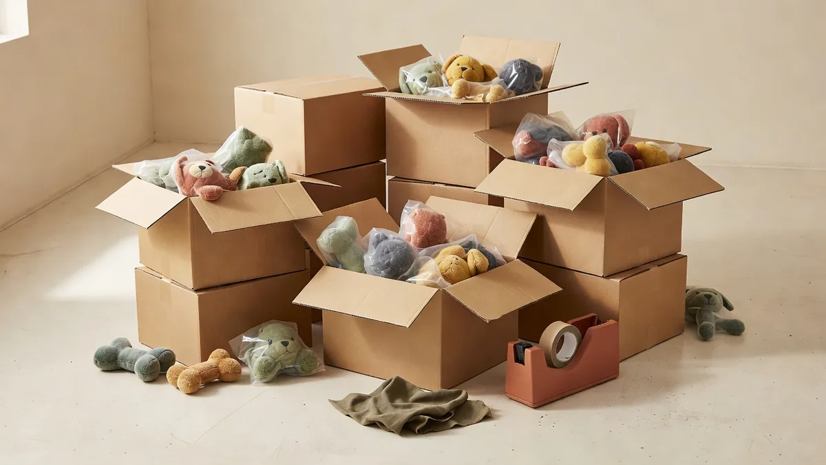 Blank kraft cartons packed with polybagged plush dog toys in a factory pack-out corner