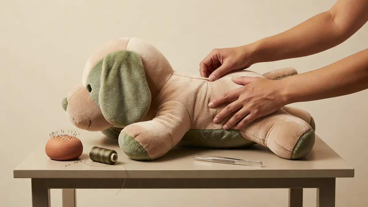 Hands checking the seam on a large plush dog toy at a factory QC bench