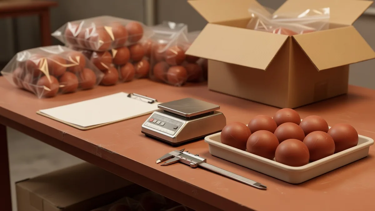 Pre-shipment QC bench weighing and inspecting rubber dog balls before wholesale pack-out