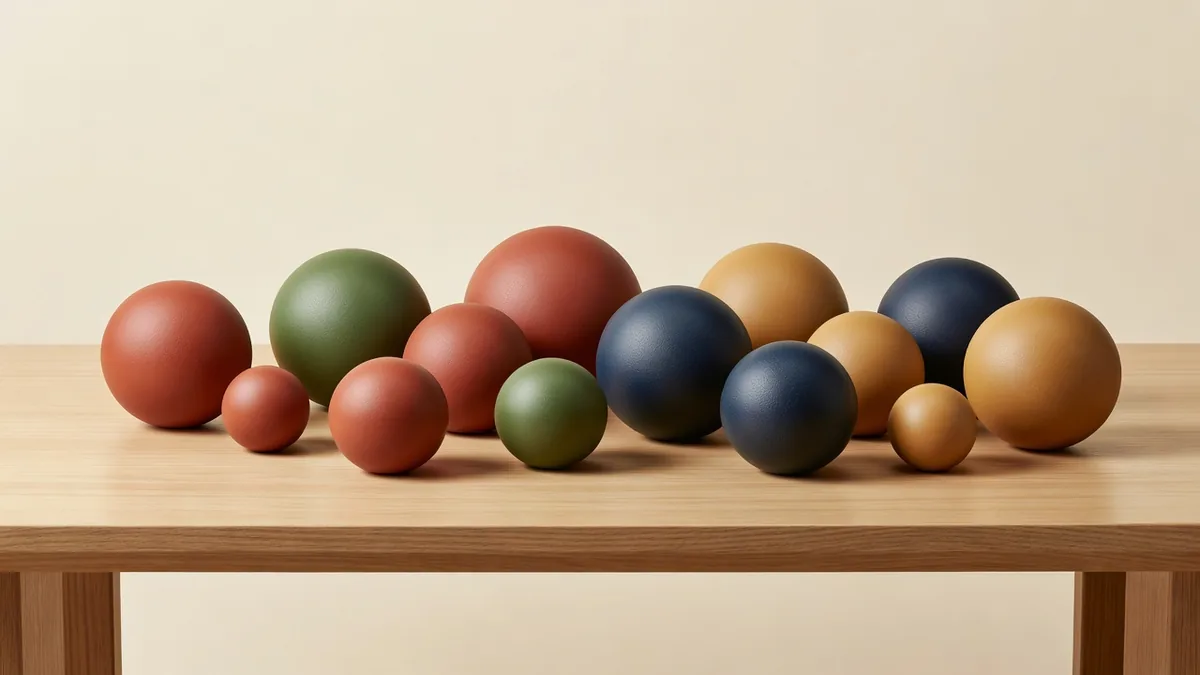 Assorted rubber dog balls on a B2B sampling desk for wholesale size and color review