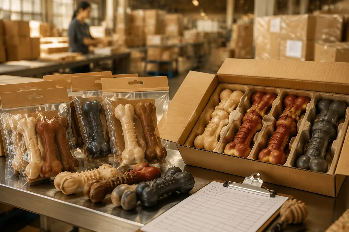Rubber dog chew toys in export cartons with poly bags, hangtags, and QC checklist at pack-out