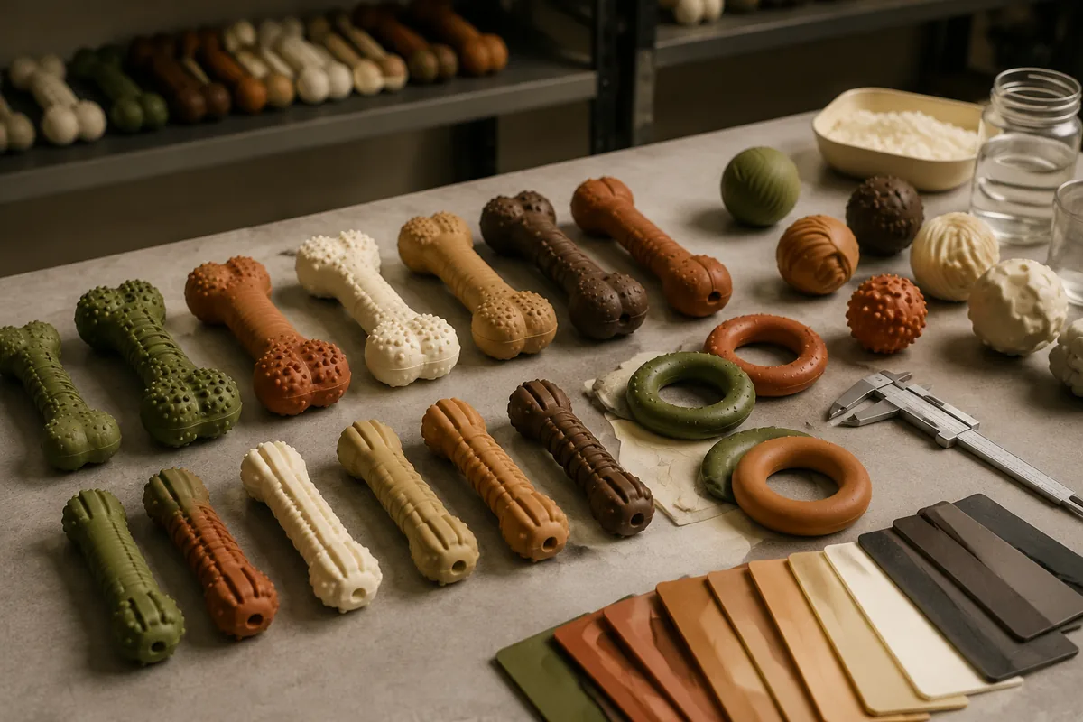 Rubber dog toy material grades and molded chew samples on a sampling desk for B2B RFQs
