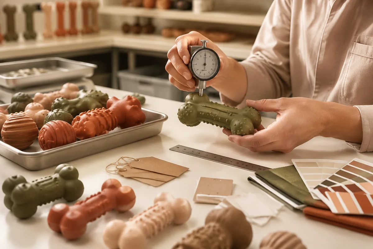 Rubber dog toy manufacturer sampling bench with hardness gauge, color chips, and signed pre-production samples