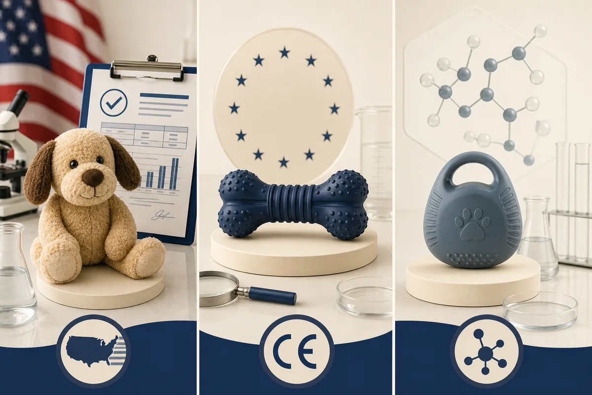 Visual comparison of three safety standards: US CPSIA, EU EN71, and EU REACH — each represented with their testing context