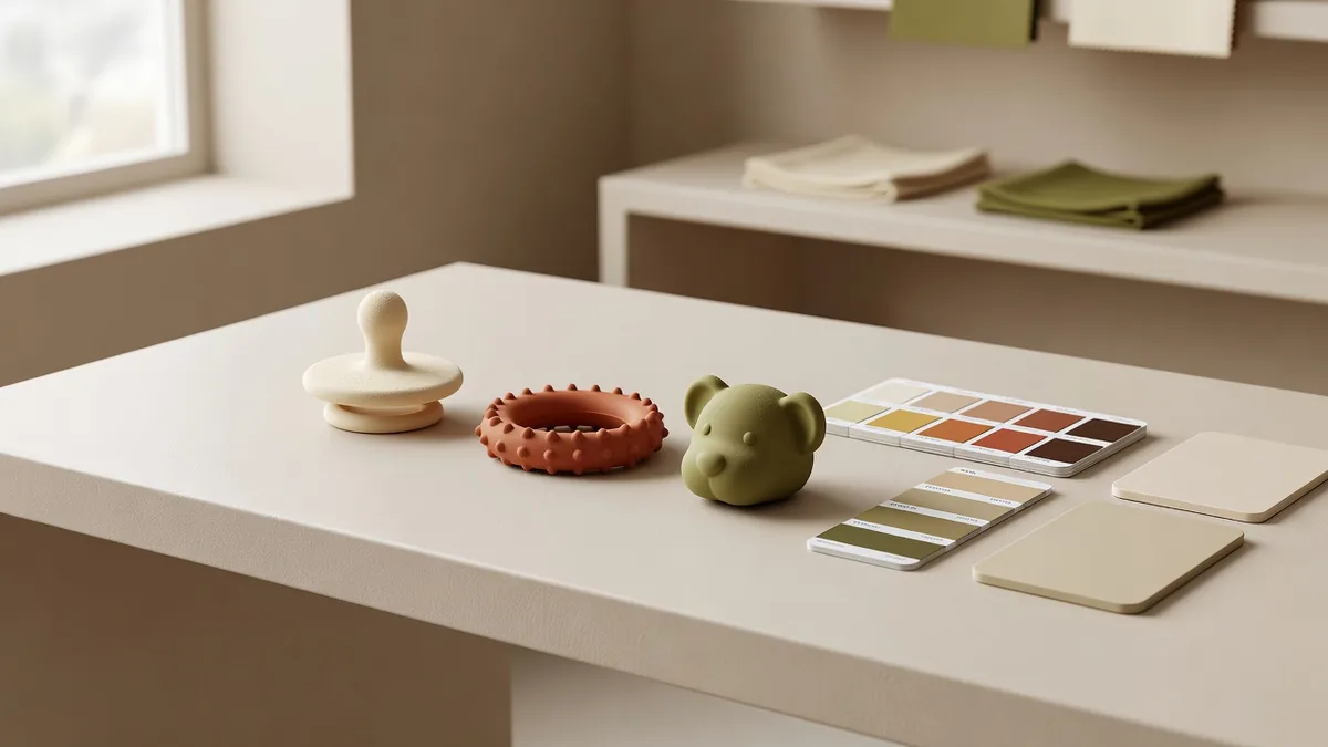 Food-grade silicone teething dog toys and Shore hardness swatches on a warm cream B2B sampling desk