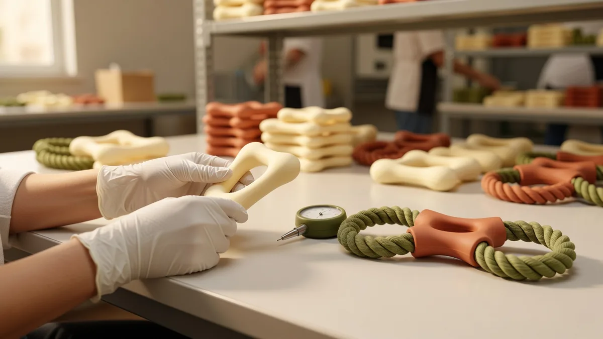QC bench inspecting silicone teething dog toys for flash, Shore hardness, and rope-handle joints
