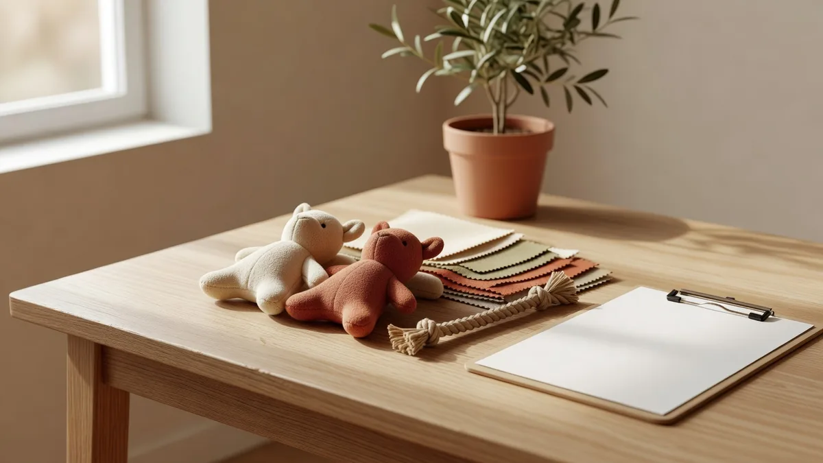 Sampling desk with small plush and rope dog toys, fabric swatches, and a signed size spec sheet