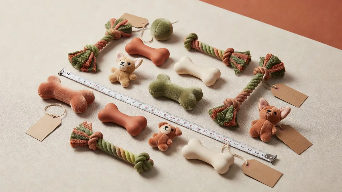 Assorted small-size plush, rope, and TPR dog toys laid out with a measuring tape for bulk size banding