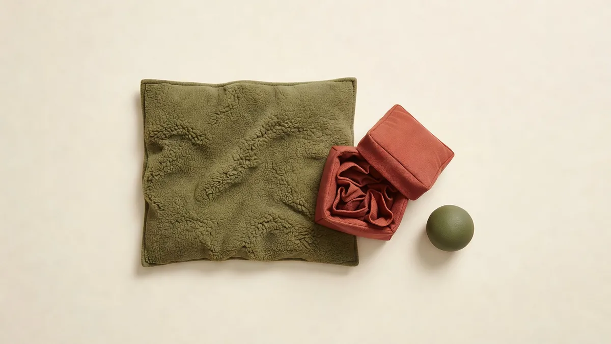 Fleece slow-feed mats beside a cotton-and-TPR snuffle box and a molded TPR ball